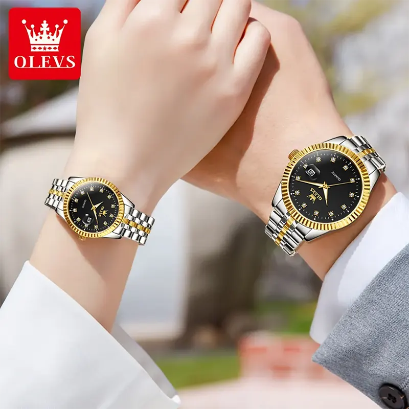 Olevs Luxurious Black Dial Two-tone Couple Watch | 5526